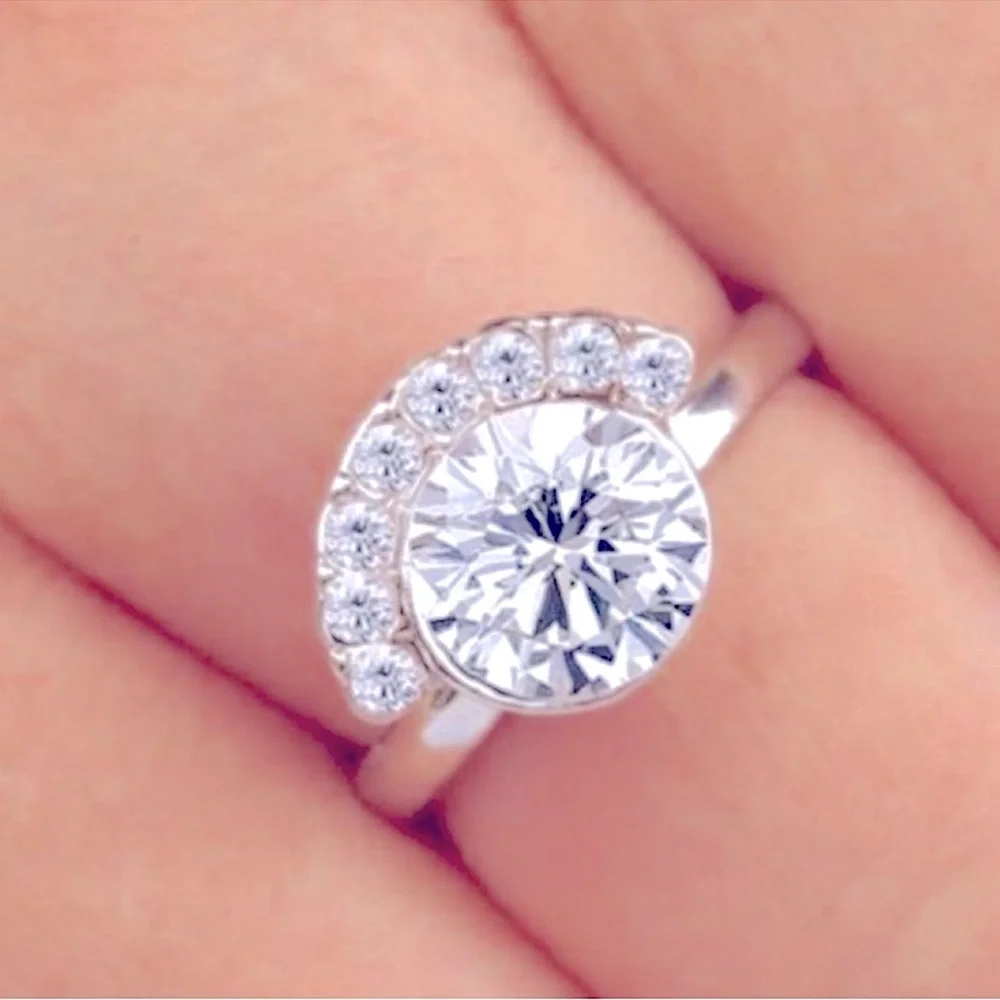NEW 2Ct Half Moon Rhodium 925‎ Silver Simulated Diamond, Size 9